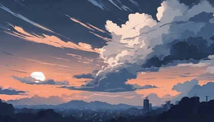 An atmospheric anime setting with dramatic clouds brewing before a storm - obrazy, fototapety, plakaty