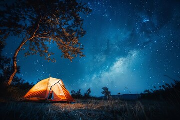 Camping under a starry sky with a tent illuminated from within Offering a serene and tranquil outdoor experience. perfect for nature and adventure themes