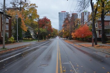 Fototapeta na wymiar Deserted city road in autumn Capturing the tranquility and changing seasons in an urban setting