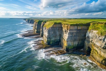 Drone shot of rugged coastal cliffs meeting the turbulent sea