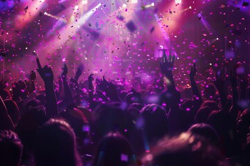 Dynamic concert scene with a lively crowd Vibrant stage lights And floating confetti. capturing the energy of live music events.