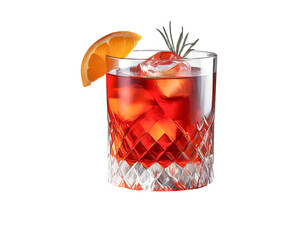 Classic Negroni cocktail in an old-fashioned glass of clear glass isolated on a transparent white background. Cocktails and mixology