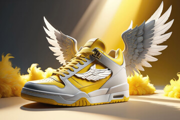 A pair of yellow sneakers with white wings on the side are displayed in front of a black background 