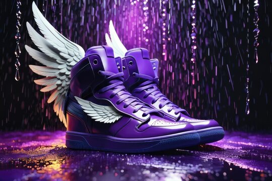 A pair of purple sneakers with white wings on the side are displayed in front of a purple background with rain.