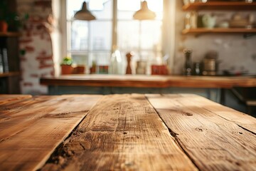 Kitchen bench in a blurred background Focusing on an empty wooden table in the foreground - obrazy, fototapety, plakaty
