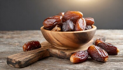 Dried dates fruits in wooden bowl isolated on white background.