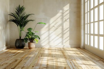 Minimalist room with wooden floors and lush indoor plants Epitomizing calm and simplicity - obrazy, fototapety, plakaty