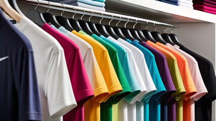 Obraz premium Colorful t-shirts on hangers at store. Fashion design