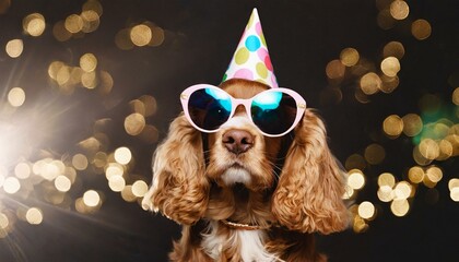 Party time for birthday. English cocker spaniel young dog is posing. Cute playful brown doggy or pet in sunglasses isolated on black background. - obrazy, fototapety, plakaty