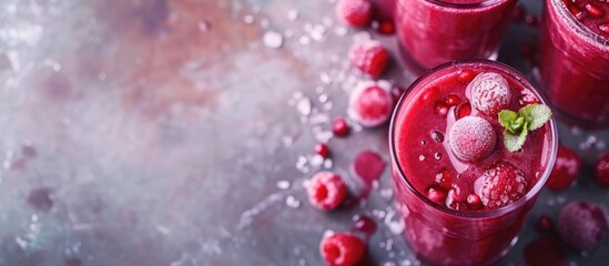 Healthy red smoothie made with organic fruit and berries, providing vitamins and refreshing flavor.