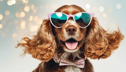 Party time for birthday. English cocker spaniel young dog is posing. Cute playful brown doggy or pet in sunglasses isolated on white background - obrazy, fototapety, plakaty