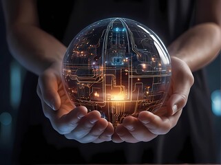 Ethical AI Development and Use. Balance of technology and humanity in ethical AI development. Human hands holding transparent, glowing orb representing an A - obrazy, fototapety, plakaty