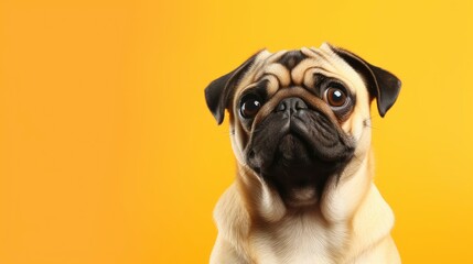 pug dog on a one color background, copy space, realistic - generative ai