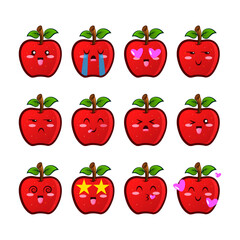 Set apple icons emojis. Collection of fruit emoticons in cartoon style isolated on white background, vector illustration