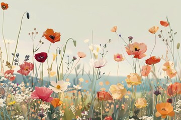 Spring meadow scene illustrated with a diverse array of blooming flowers Conveying a sense of renewal and natural beauty.