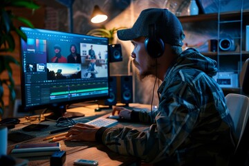 Naklejka premium Video editor working on a film project in a modern studio Using advanced editing software to enhance visual and audio elements