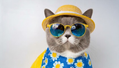 Songkran and summer season concept with scottish cat wearing summer cloth and sunglasses on white background