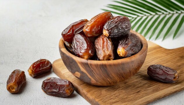 Dried dates fruits in wooden bowl isolated on white background.