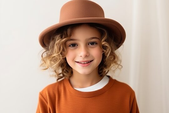 Portrait of a cute little girl with curly hair in a hat
