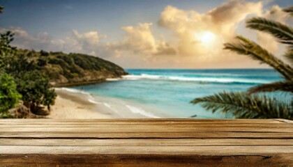 Fototapeta premium Wooden desk of free space and summer beach