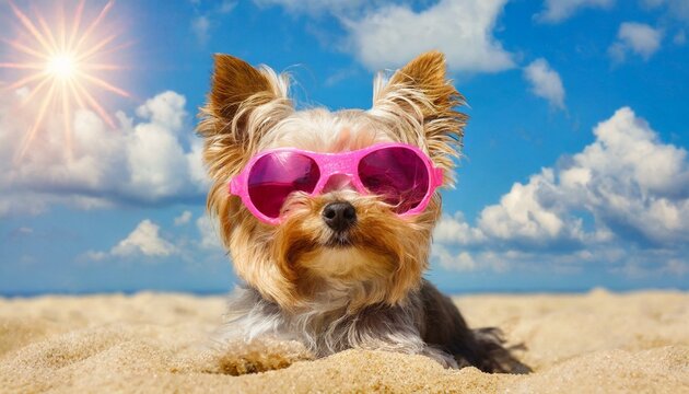 Yorki dog with pink goggles on the sand with blue sky clouds and sun in the background