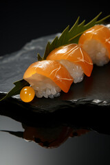 Pieces of sushi on a stone board, minimalistic style, close-up on black background, vertically - obrazy, fototapety, plakaty