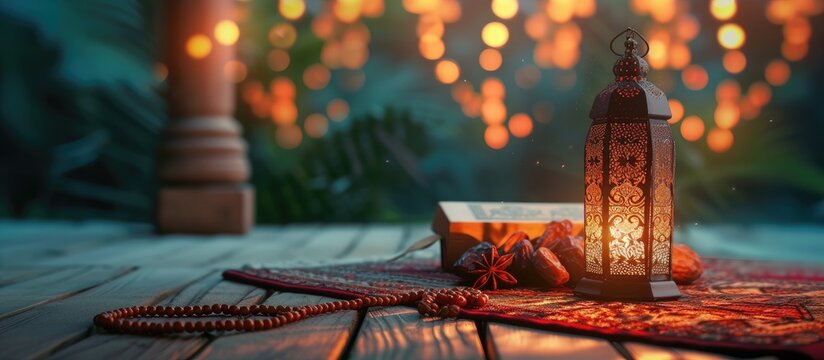 Arabic lantern, fragrance, prayer items, Ramadan greetings.