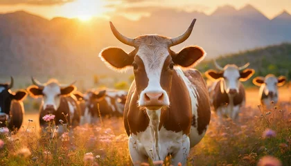 Fotobehang Cows herd on a grass field during the summer at sunset. A cow is looking at the camera sun rays are piercing behind her horns. © adobedesigner