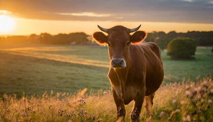 Brown cow Standing in front of Meadow fields at sunset 