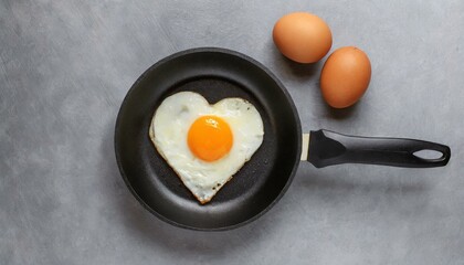 Fried egg look is heart shape in black round pan Put on a gray background 