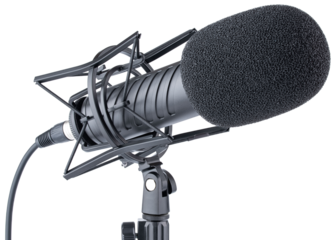 Microphone. Professional dynamic or condenser microphone. Radio broadcasting or podcast microphone with shock or anti vibration mount on stand. Mic with windshield. Recording voice, music or song