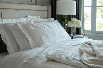 White bedding sheets and pillow Capturing the essence of a peaceful and inviting bedroom Perfect for a restful night's sleep
