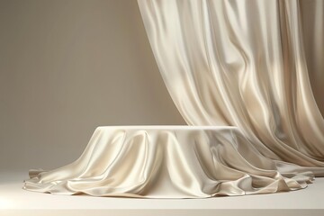 3d podium display with a luxurious beige background and delicate silk fabric Perfect for high-end product showcases