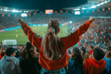 Back view of enthusiastic football fans in a stadium Cheering loudly for their team under the excitement of a night match Capturing the spirit of sportsmanship. - obrazy, fototapety, plakaty