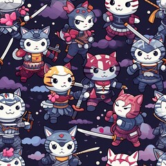 Cat samurai kids seamless pattern