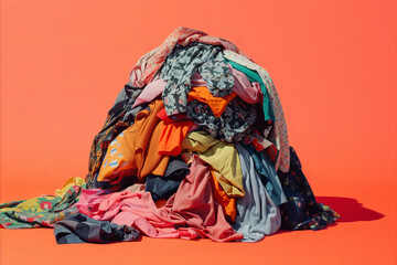 Fototapeta premium A pile of old used clothing and textiles. Fast fashion and clothing recycling