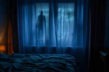 Creepy blurred ghost figure behind a bedroom window at night Creating a haunting and mysterious atmosphere perfect for a halloween horror scene