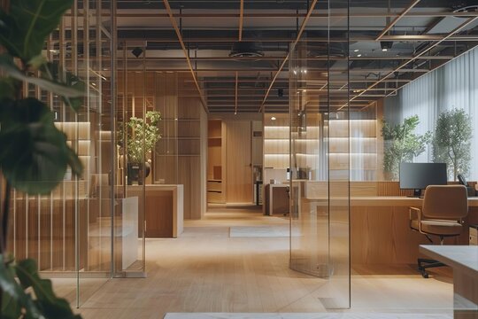 Contemporary office design featuring minimalist aesthetics and a transparent glass partition for a modern work environment