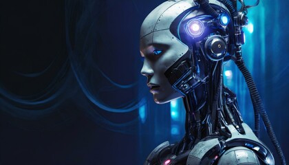 Collage of female humanoid robot invention on dark blue background