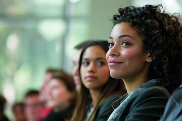 Obraz premium Engaged audience in a lecture hall Attentively following a presentation Embodying the essence of learning and professional development in a corporate or educational setting