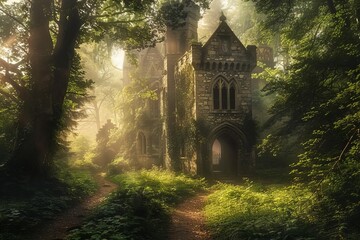 Obraz premium Enchanted fairy tale castle in a mystical forest clearing Bathed in soft Ethereal light.