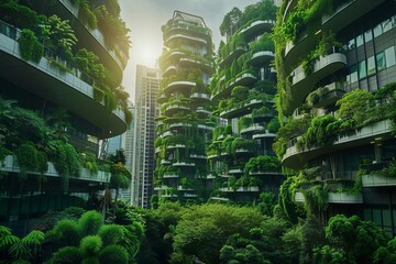 Futuristic urban development blending high-rise buildings with lush green spaces Symbolizing the harmonious integration of nature and city life - obrazy, fototapety, plakaty