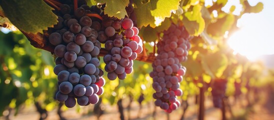 red grapes glisten on a vine in a picturesque vineyard, promising a future of fine wines and vibrant flavors. - obrazy, fototapety, plakaty