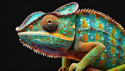 Tuinposter Realistic multicolored chameleon with iridescent skin in speck © adobedesigner