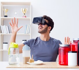 Man with nutrition jars and virtual reality glasses