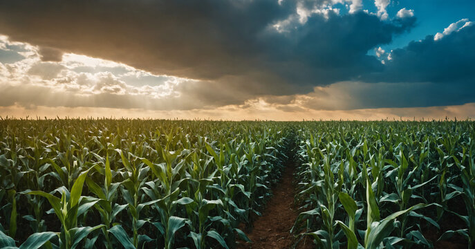 corn crops with a road in the middle with a sky with clouds and sun rays passing