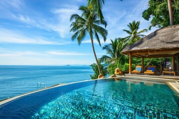 Luxurious tropical resort with infinity pool overlooking the ocean. palm trees and cabanas enhance the sense of an exclusive getaway
