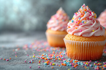 Close-up view of delightful cupcakes with creamy texture, colorful frosting and sprinkles, arranged on a soft, bokeh-lit background. Copy space, banner format. Holiday baking concept.