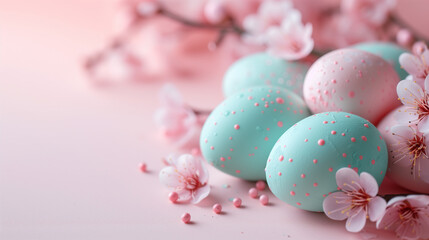 Obraz premium Delicate and elegant pastel Easter eggs composition. Turquoise and pink Easter eggs next to delicate cherry blossoms on a light pink background with copy space. Easter holiday concept.
