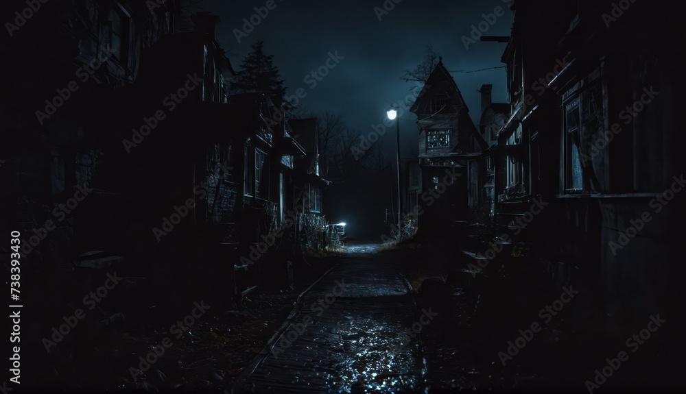 Wall mural a dark, horror, darkness, creepy cemetery with tombstones and trees, ghost houses, scary forest, Halloween. Generative AI.